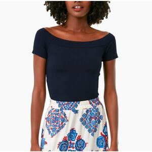 Rebecca Taylor Modal Boat Neck Top Slimming Fit Short Sleeve Navy Womens XL NWT